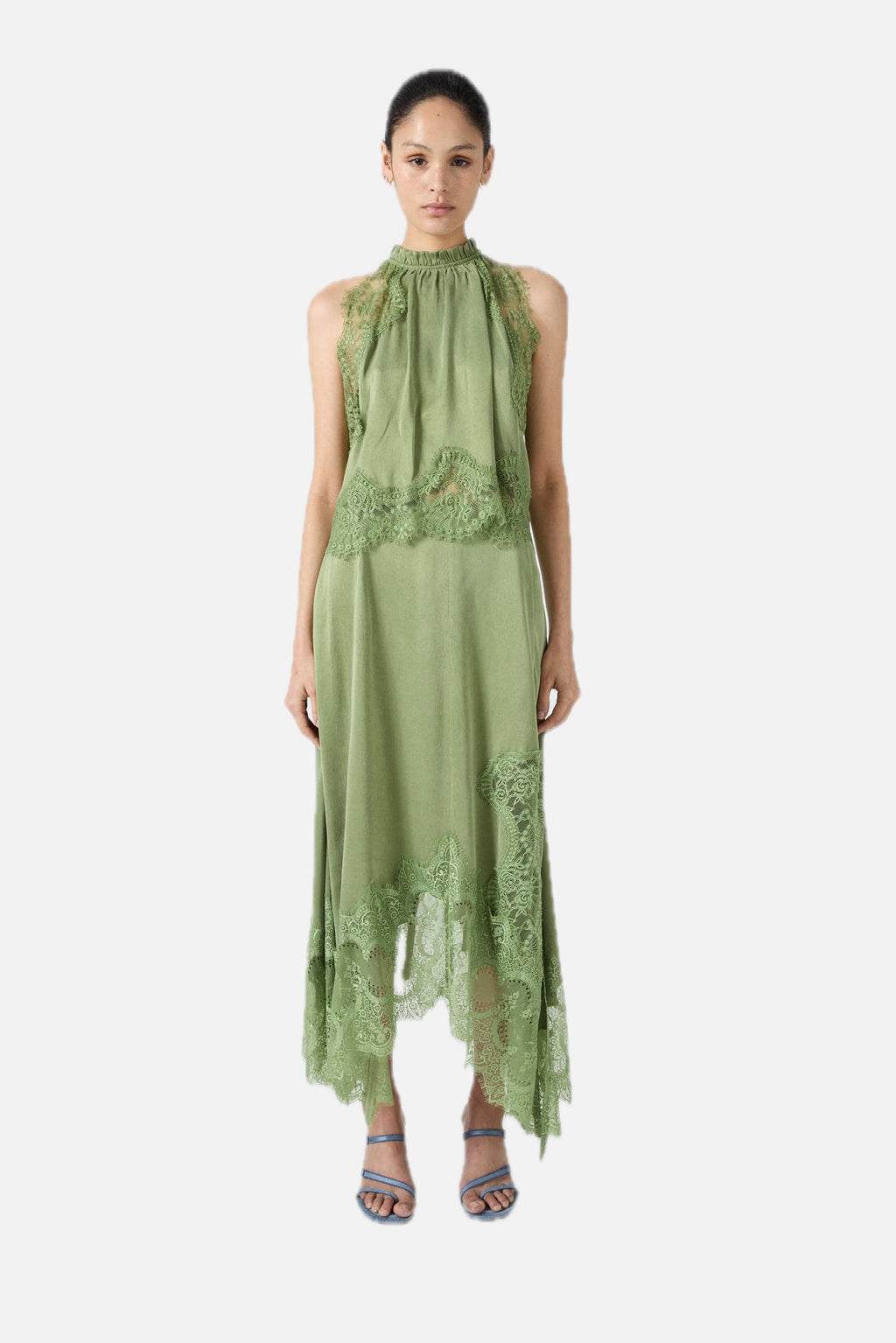 Satin Lace-Trim Top & A-Line Slit Skirt Set