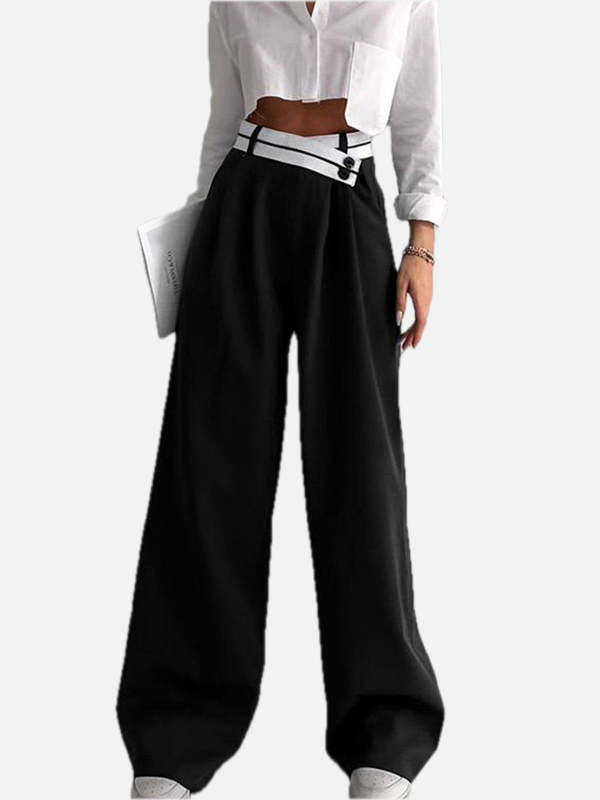 Asymmetric Contrast-Waist Wide-Leg Trousers