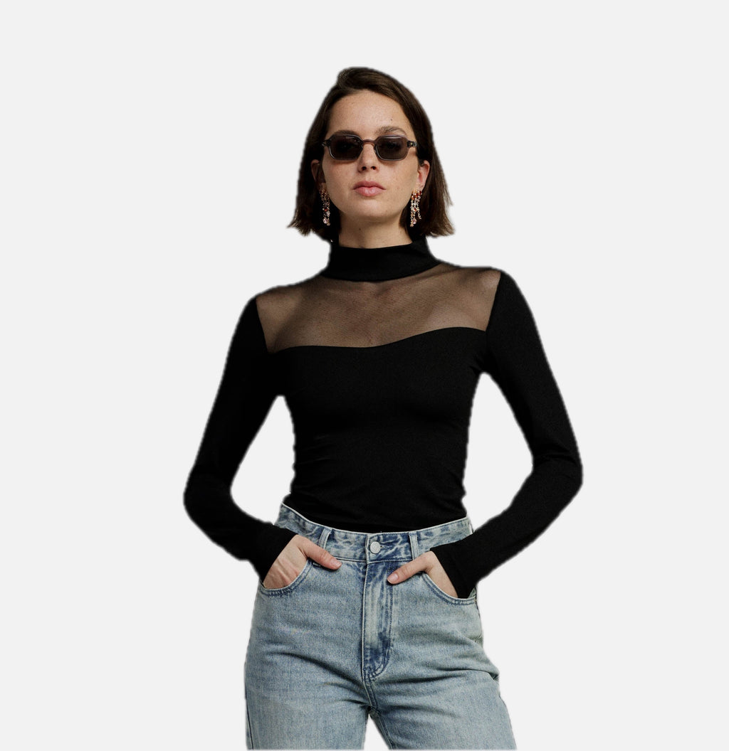 Mesh Panel High-Neck Top in Black - Slim Fit