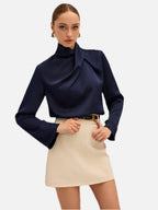 Satin Draped High-Neck Blouse
