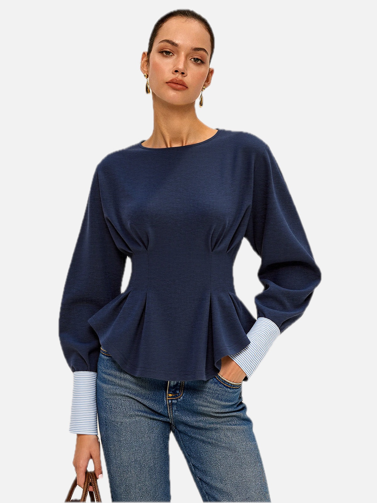 Balloon Sleeve Peplum Sweatshirt - Round Neck