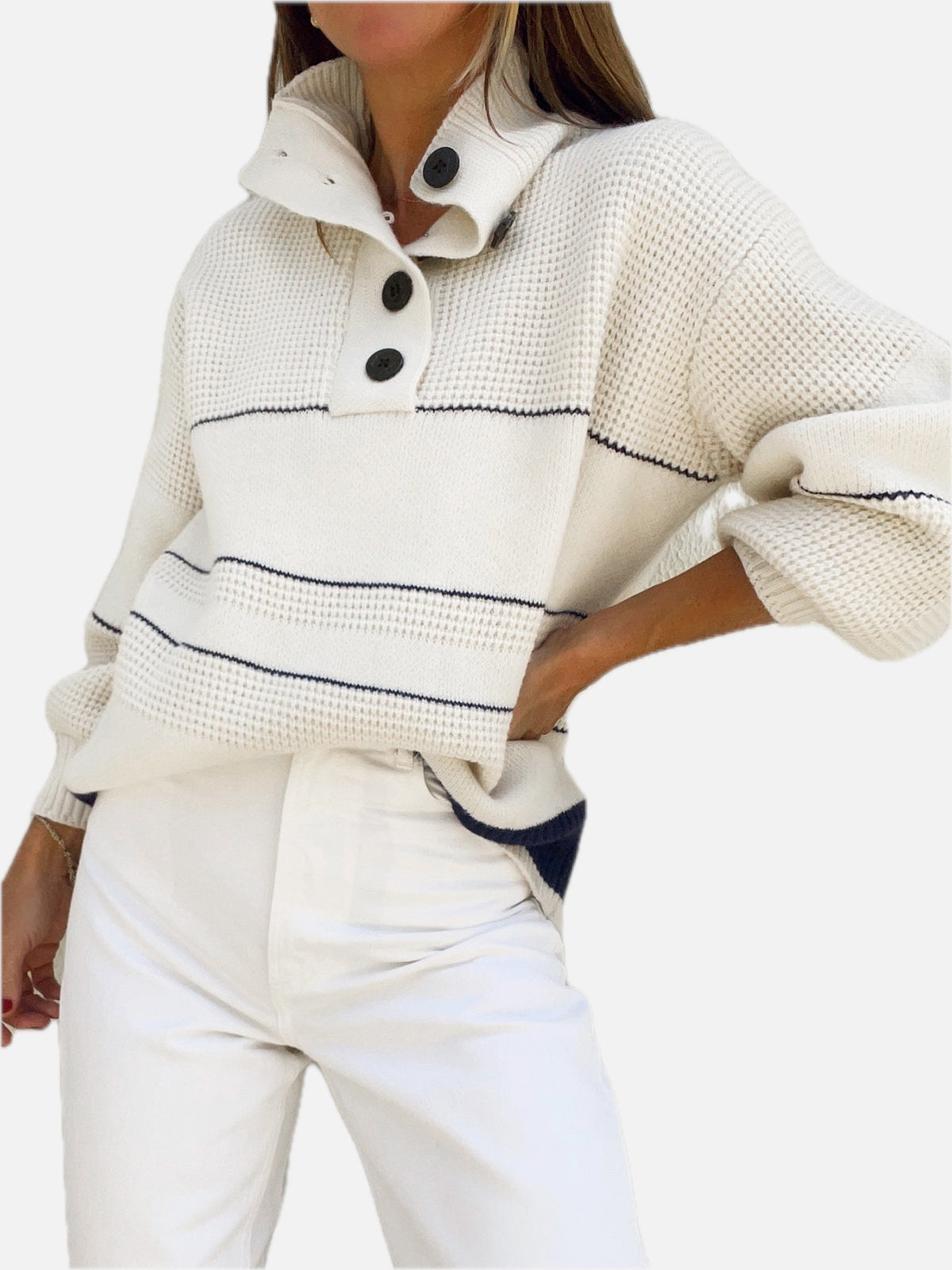 Open Collar Button-Up Knit Jumper - White