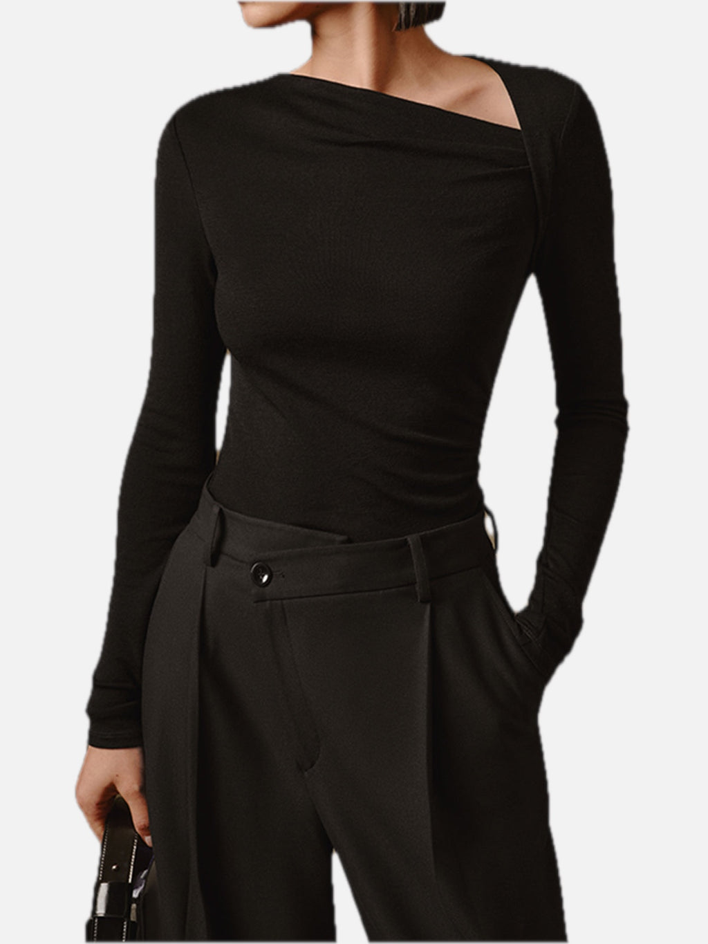 Ribbed Asymmetric Neck Long-Sleeve Top