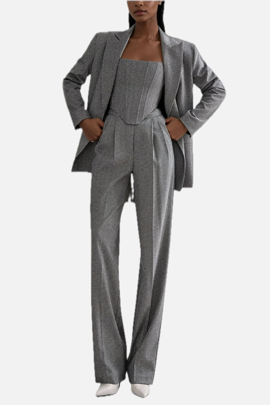 Strapless Lapel Three-Piece Trouser Suit - Grey