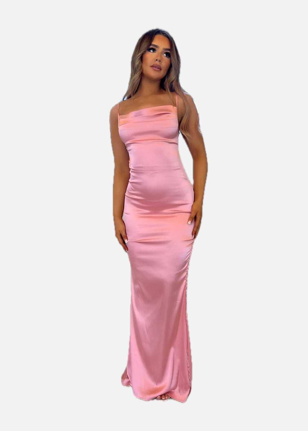 Satin Gown with Folded Neckline and Thigh Split