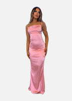 Satin Gown with Folded Neckline and Thigh Split