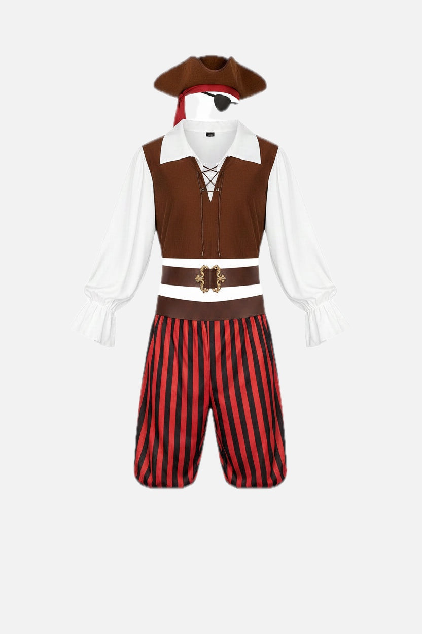 Men's Seven-Piece Pirate Costume with Hat, Eye Patch and Striped Trousers