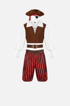 Men's Seven-Piece Pirate Costume with Hat, Eye Patch and Striped Trousers