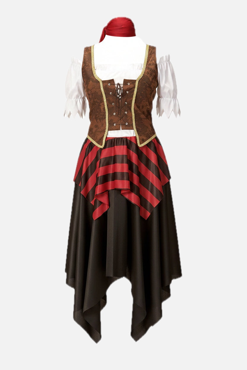 Women's Pirate Costume with Dress, Lace-Up Corset and Bandana