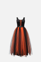 Women's Black and Orange Witch Costume with Lace-Up Dress, Belt and Hat