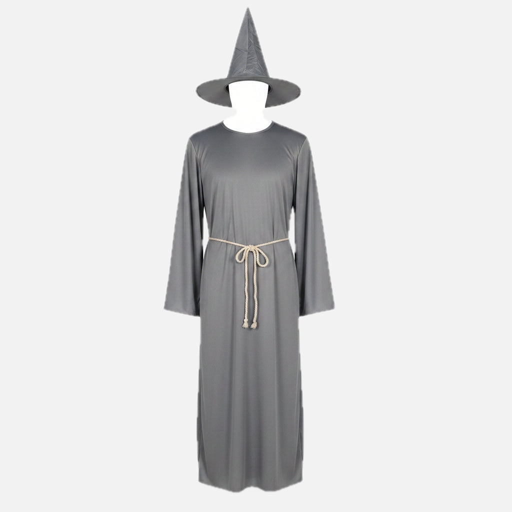Men's Wizard Costume with Long Robe, Flared Sleeves, Pointed Hat and Cord Belt