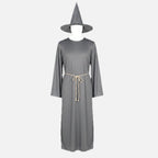 Men's Wizard Costume with Long Robe, Flared Sleeves, Pointed Hat and Cord Belt