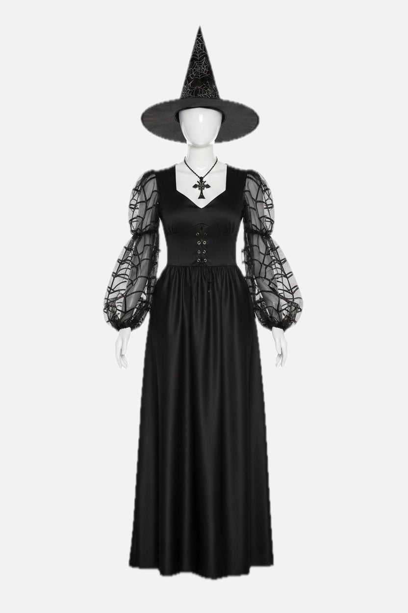 Women's Witch Maxi Costume Dress with Sheer Spiderweb Puff Sleeves and Hat