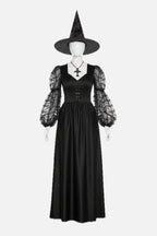 Women's Witch Maxi Costume Dress with Sheer Spiderweb Puff Sleeves and Hat