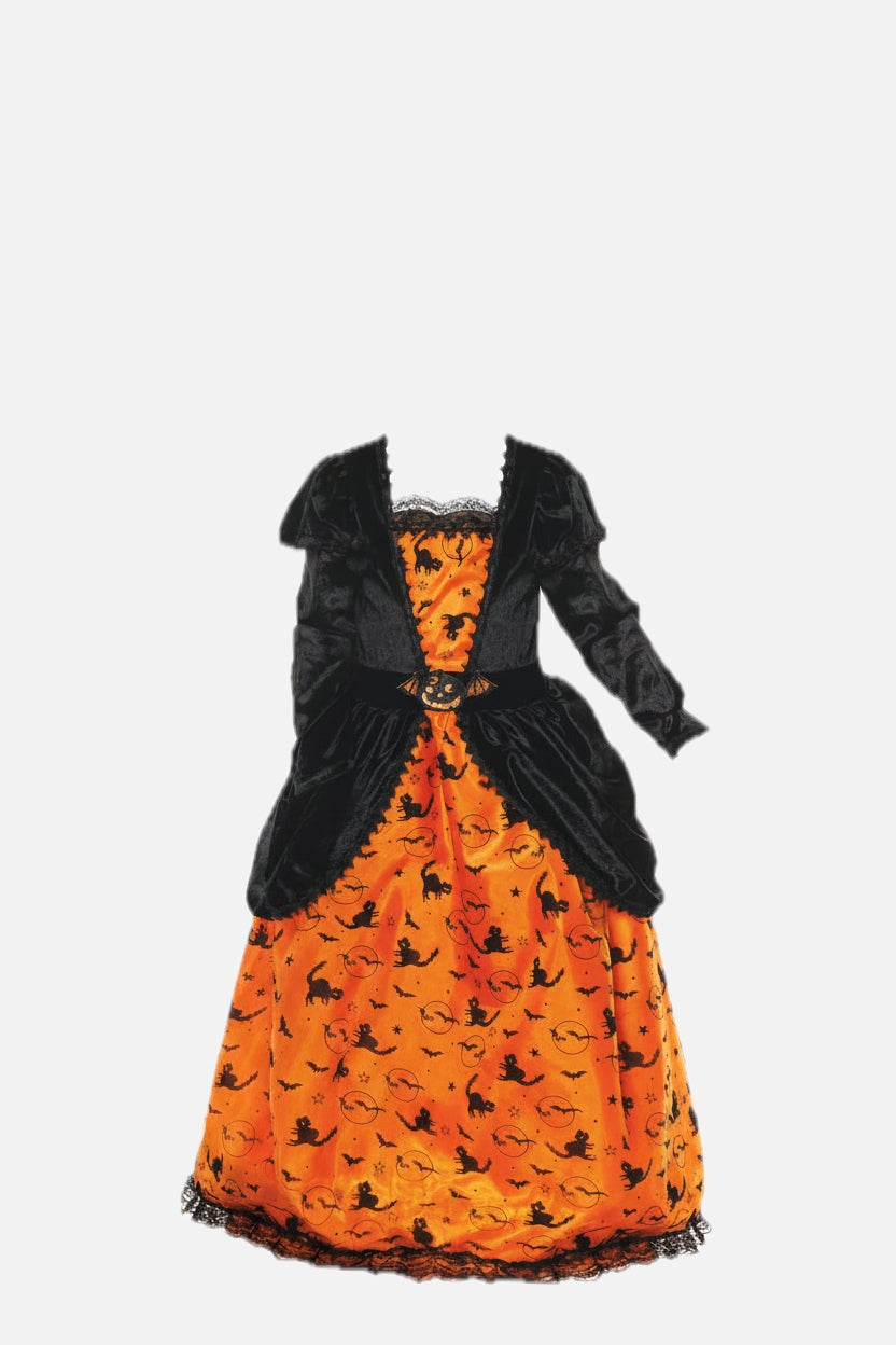 Kids' Pumpkin Witch Costume with Printed Orange Dress and Decorated Hat