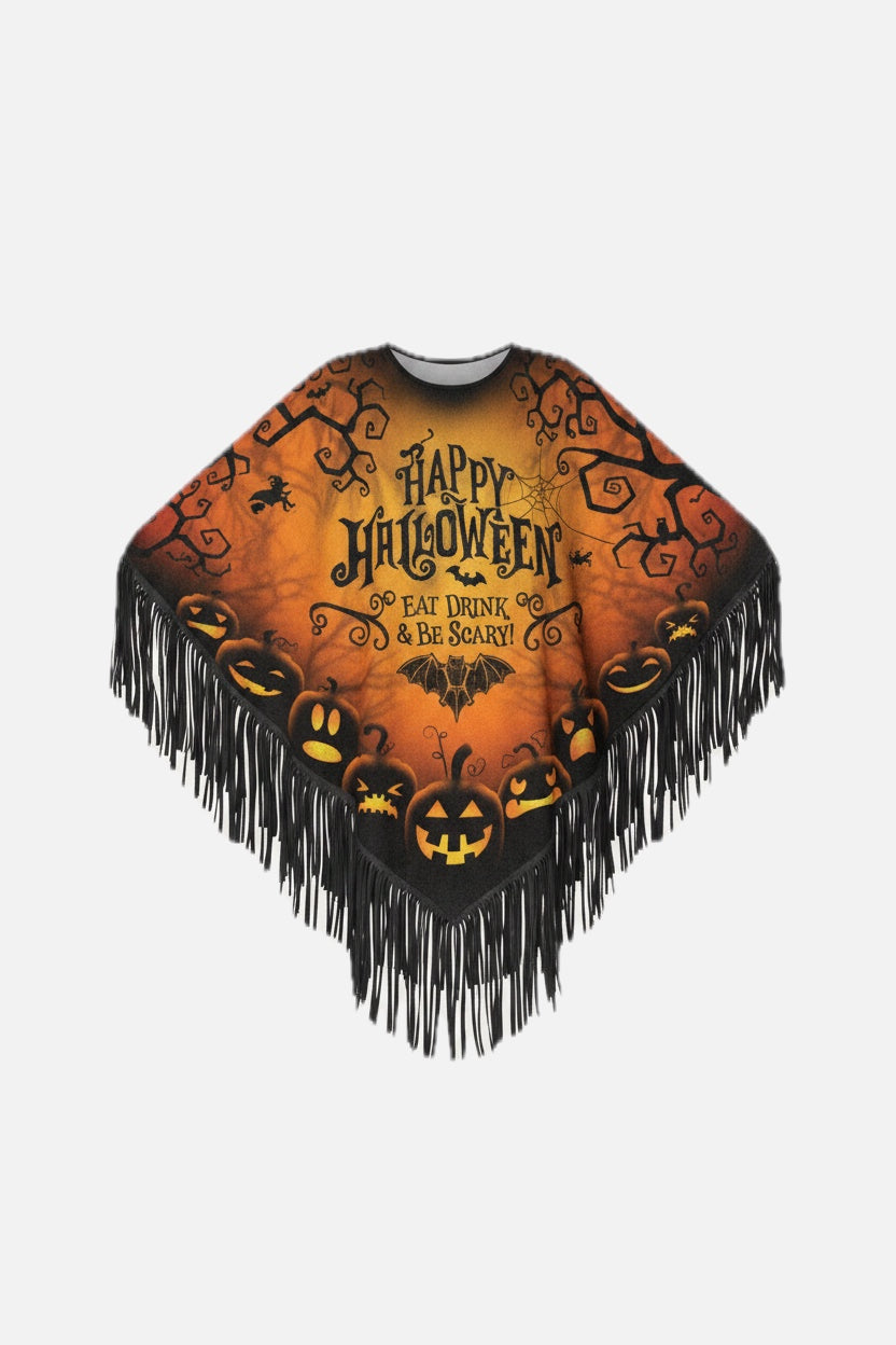 Women's Halloween Witch Poncho and Hat Set with Pumpkin Print and Fringe