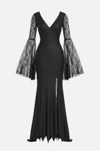 Women's Gothic Floor-Length Costume Dress with Tulle Sleeves and Trailing Hem