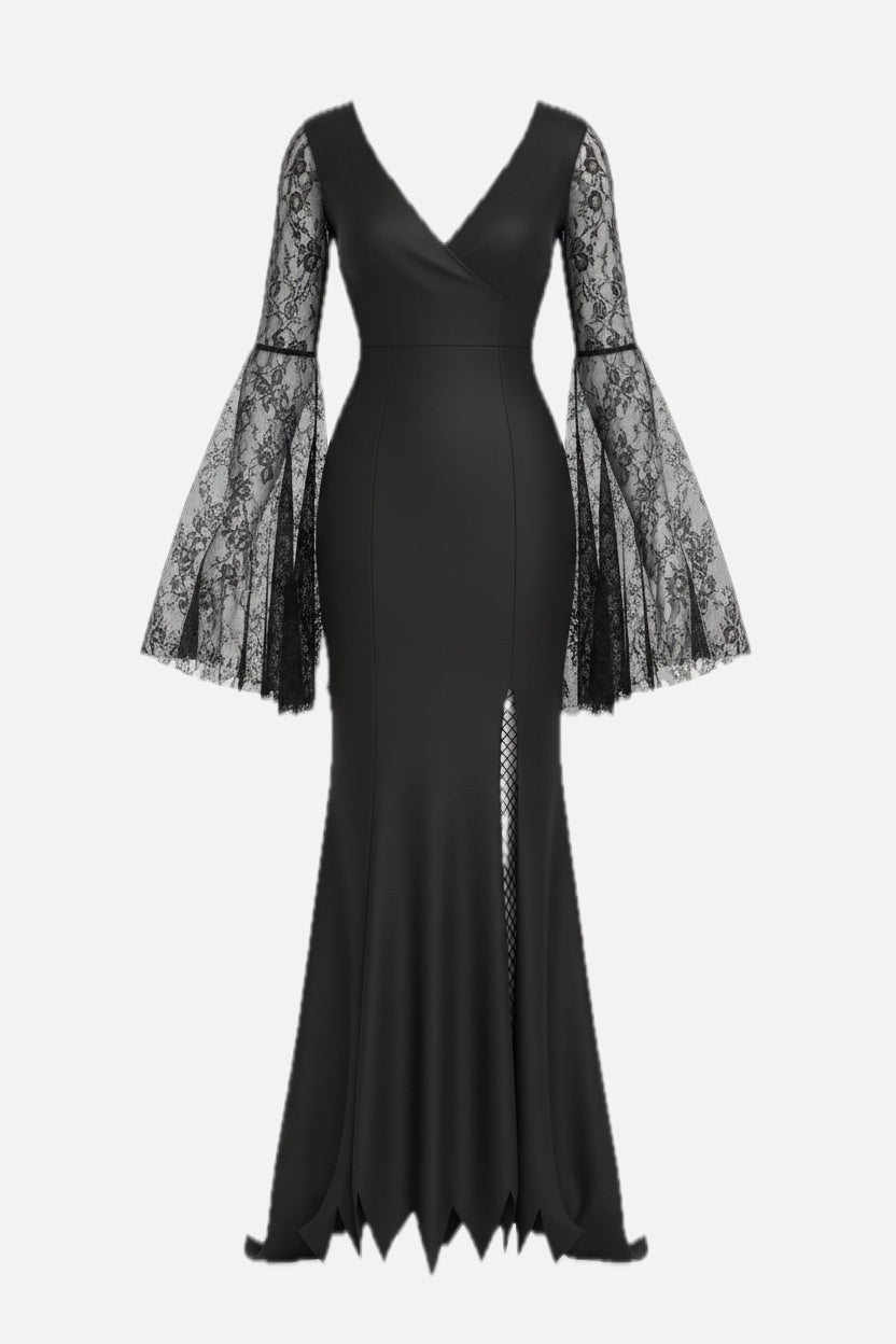 Women's Gothic Floor-Length Costume Dress with Tulle Sleeves and Trailing Hem
