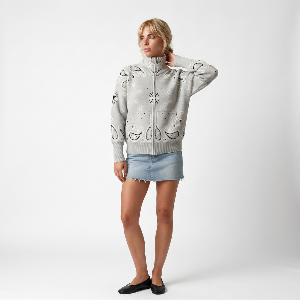 Paisley Print Zip-Up Roll Neck Cardigan – Oversized