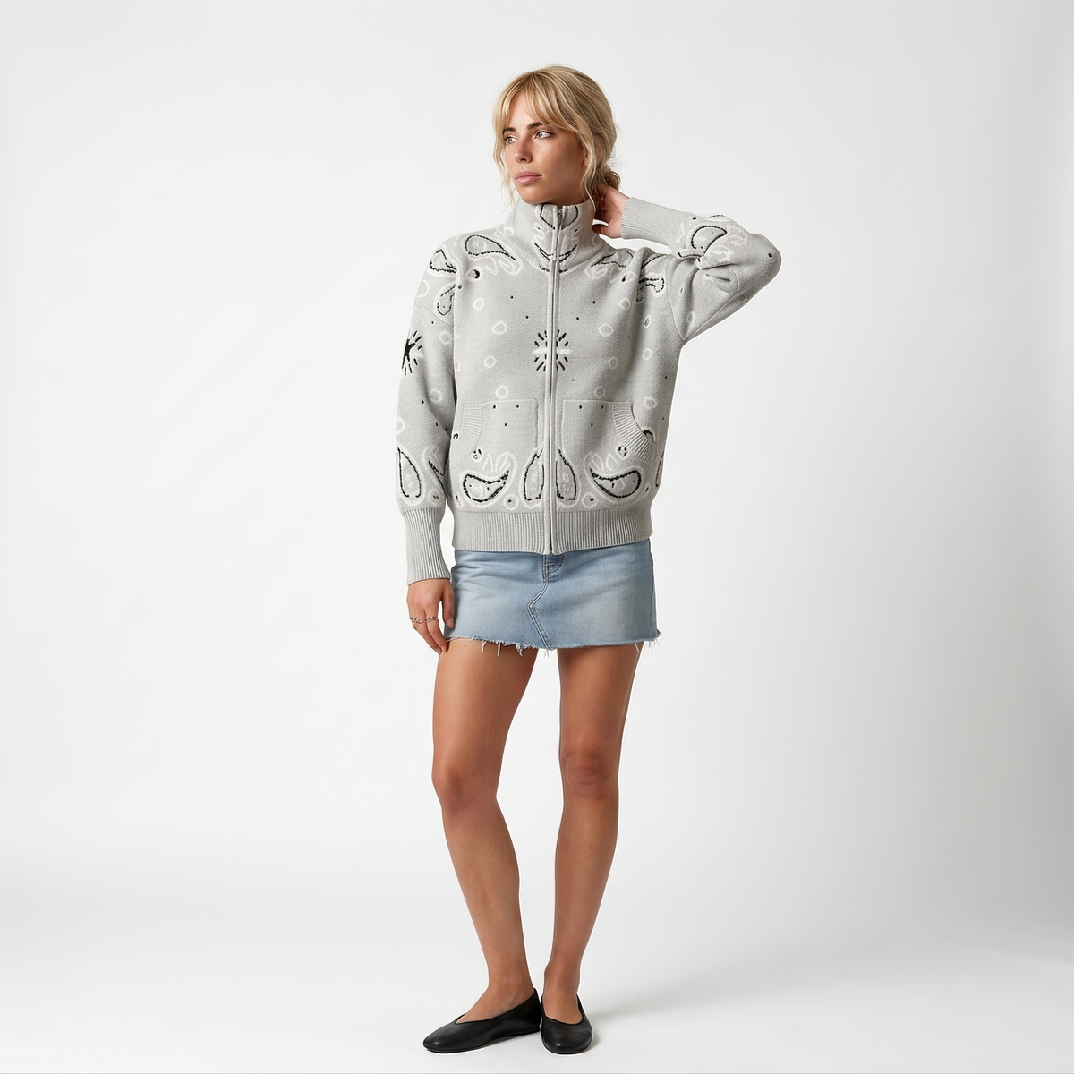 Paisley Print Zip-Up Roll Neck Cardigan – Oversized