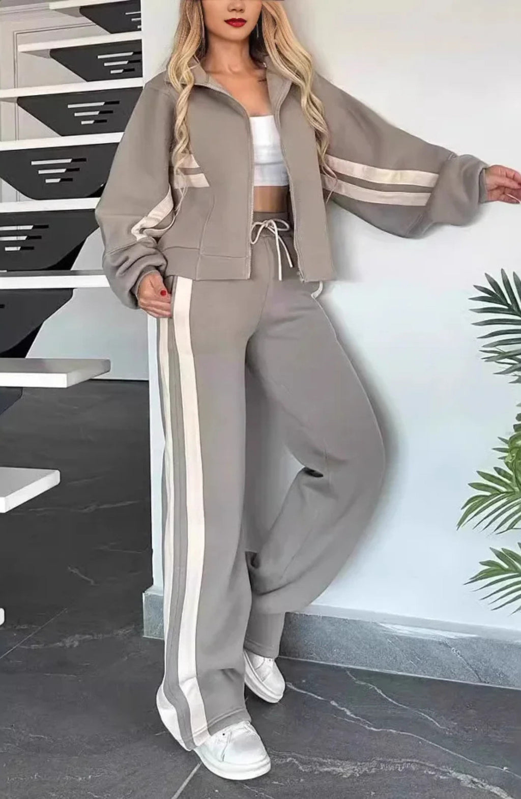 Striped Co-Ord Set – Zip Jacket & Wide-Leg Trousers | Meave & Ivy