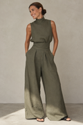 Olive Green Linen-Look Wide Leg Jumpsuit – Women's High Neck Summer Jumpsuit