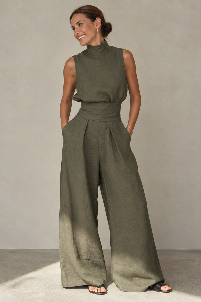 Olive Green Linen-Look Wide Leg Jumpsuit – Women's High Neck Summer Jumpsuit