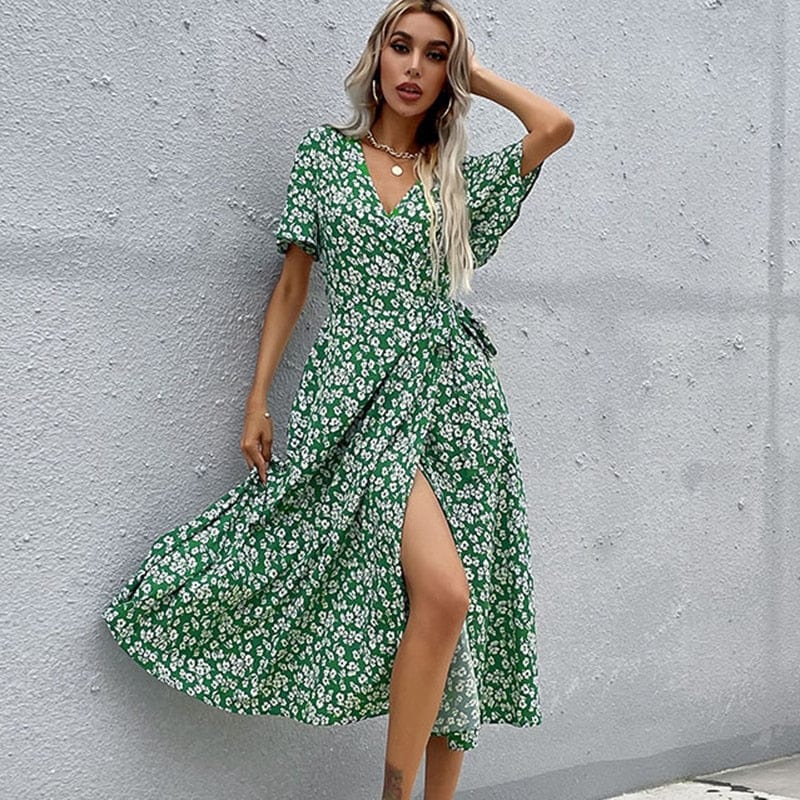 Green V-Neck Midi Dress – Women's Summer Beach & Holiday Dress | Meave & Ivy