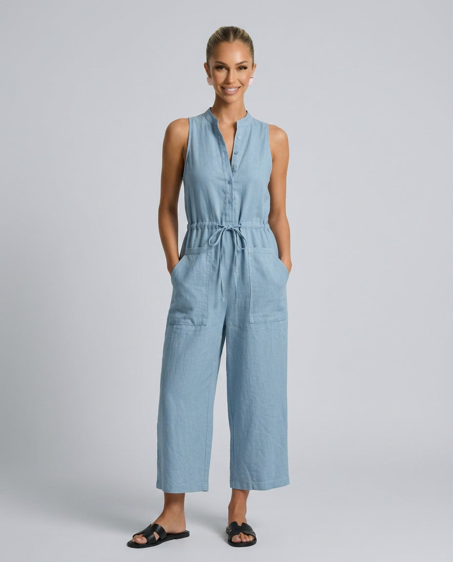 Linen-Blend Sleeveless Loose Jumpsuit