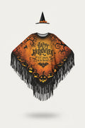 Women's Halloween Witch Poncho and Hat Set with Pumpkin Print and Fringe