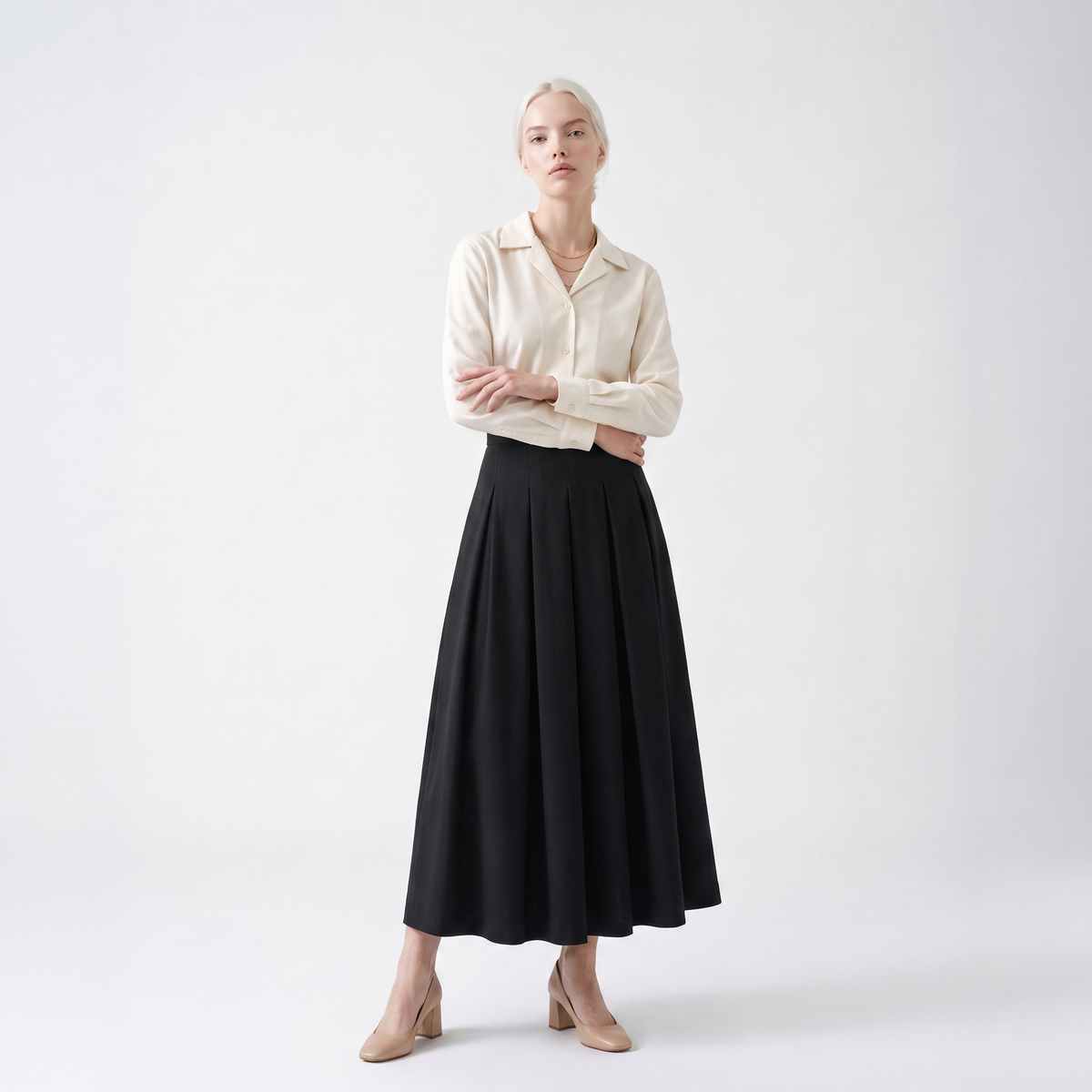 Pleated A-Line Wool-Blend Maxi Skirt – High Waist