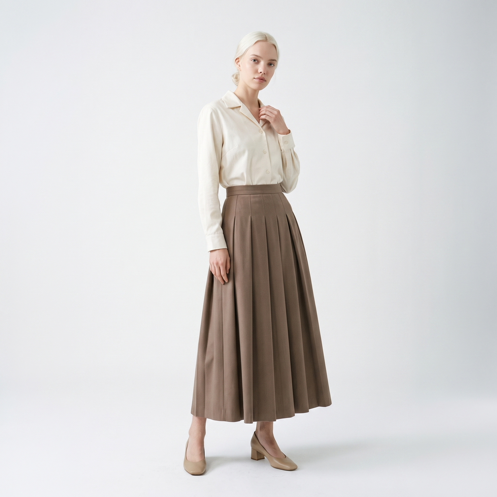 Pleated A-Line Wool-Blend Maxi Skirt – High Waist