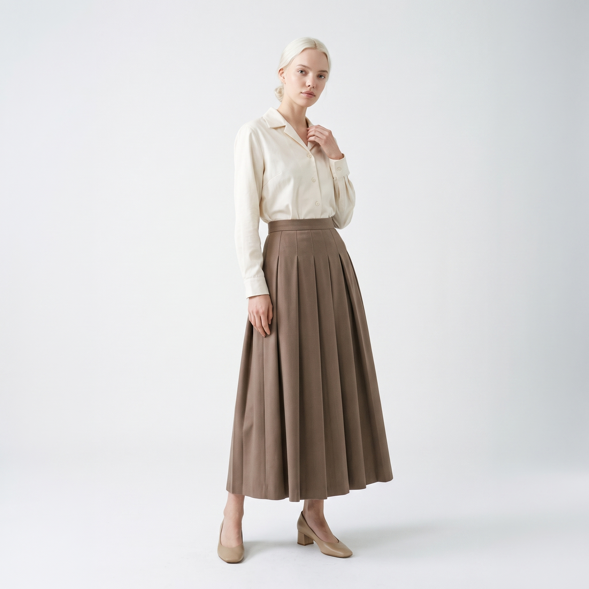 Pleated A-Line Wool-Blend Maxi Skirt – High Waist