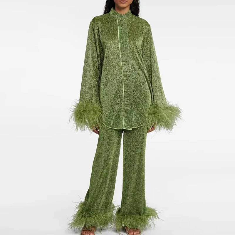 Women's Shimmer Evening Top and Trouser Set with Feather Trim
