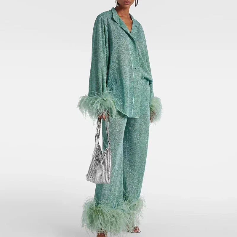 Women's Shimmer Evening Top and Trouser Set with Feather Trim