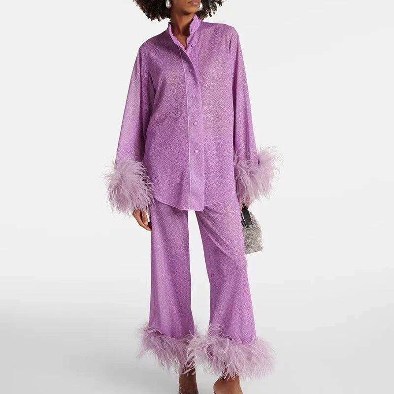 Women's Shimmer Evening Top and Trouser Set with Feather Trim