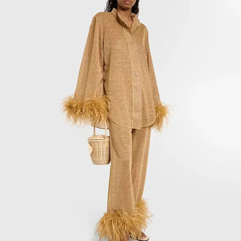 Women's Shimmer Evening Top and Trouser Set with Feather Trim