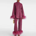 Women's Shimmer Evening Top and Trouser Set with Feather Trim