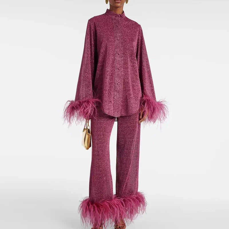Women's Shimmer Evening Top and Trouser Set with Feather Trim