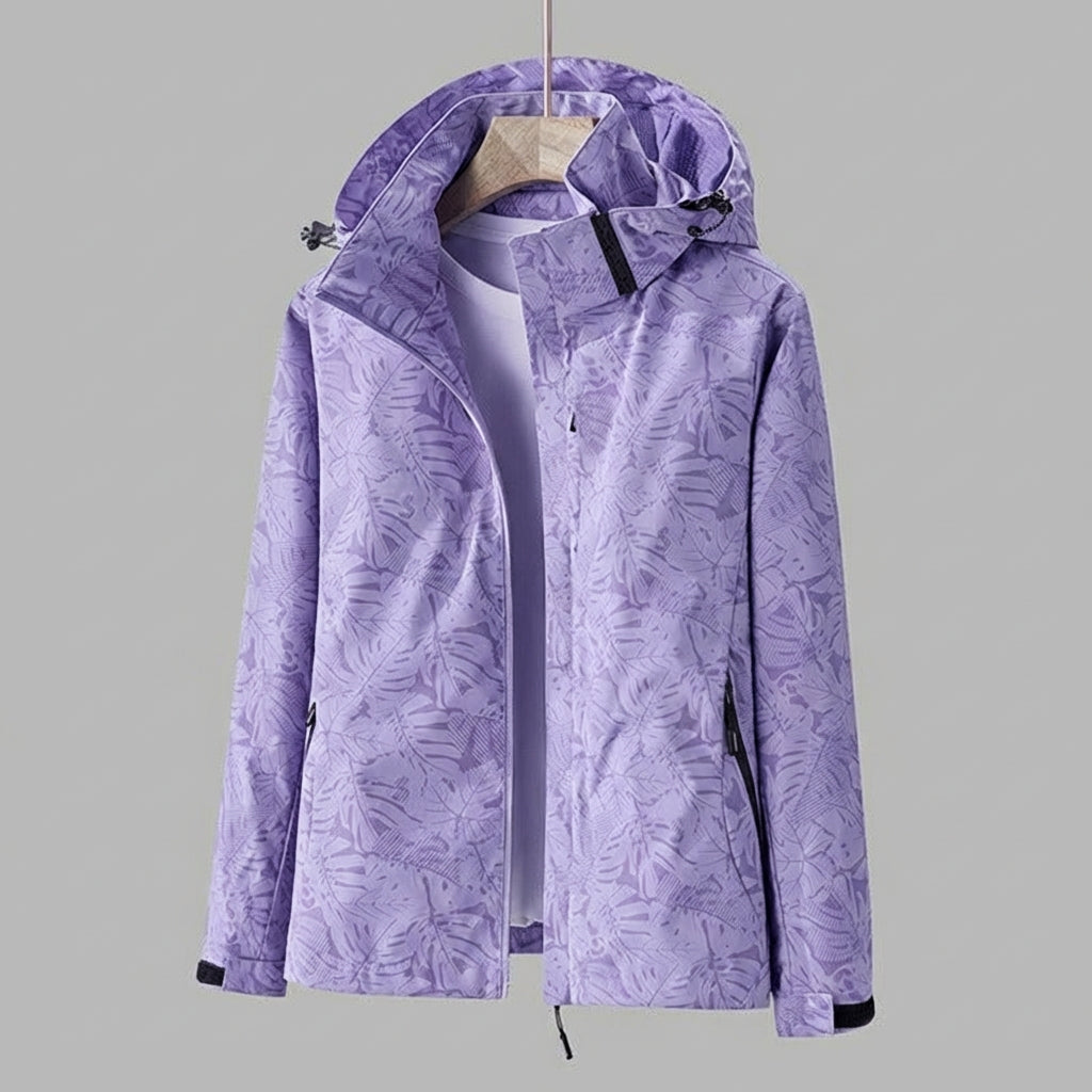 Women's Waterproof Windproof Jacket with Hood – Leaf Print Rain Jacket