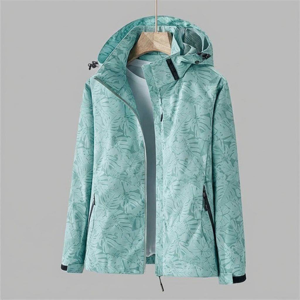 Women's Waterproof Windproof Jacket with Hood – Leaf Print Rain Jacket