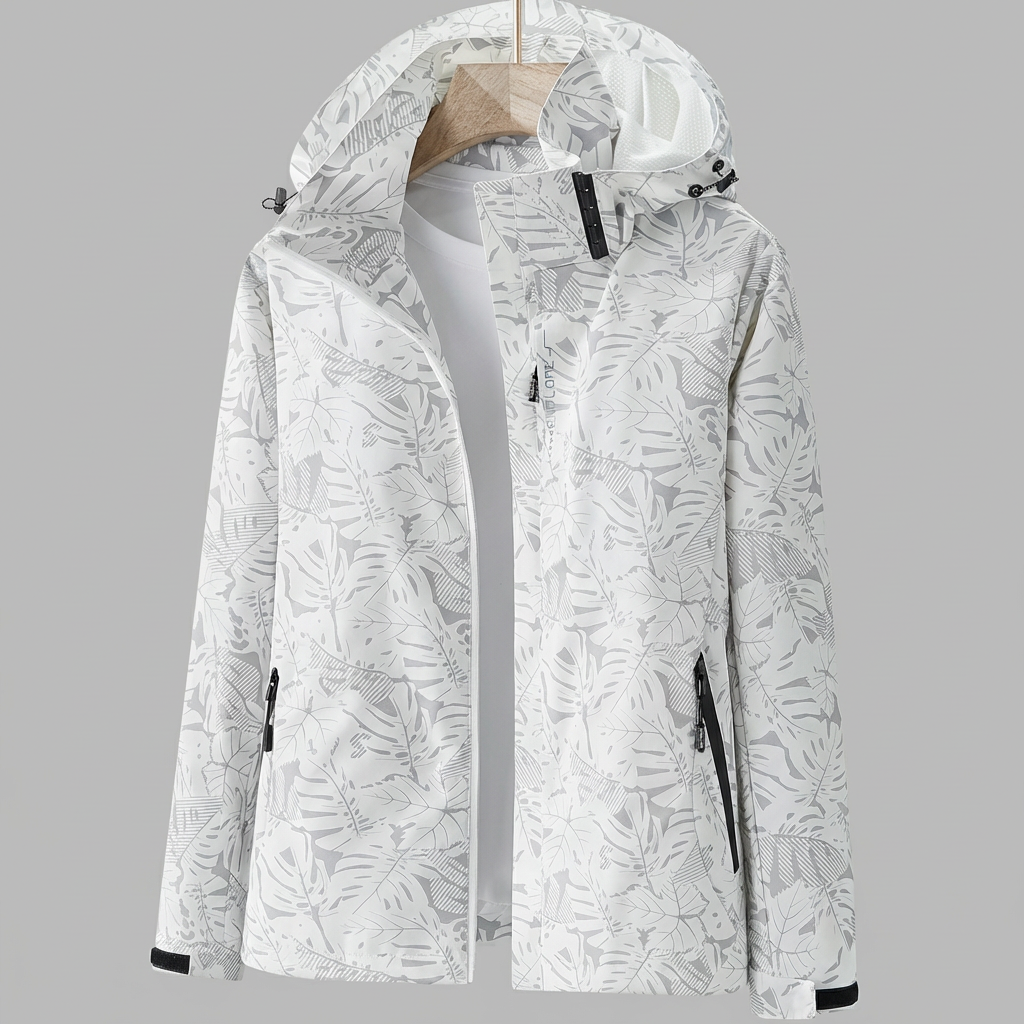 Women's Waterproof Windproof Jacket with Hood – Leaf Print Rain Jacket
