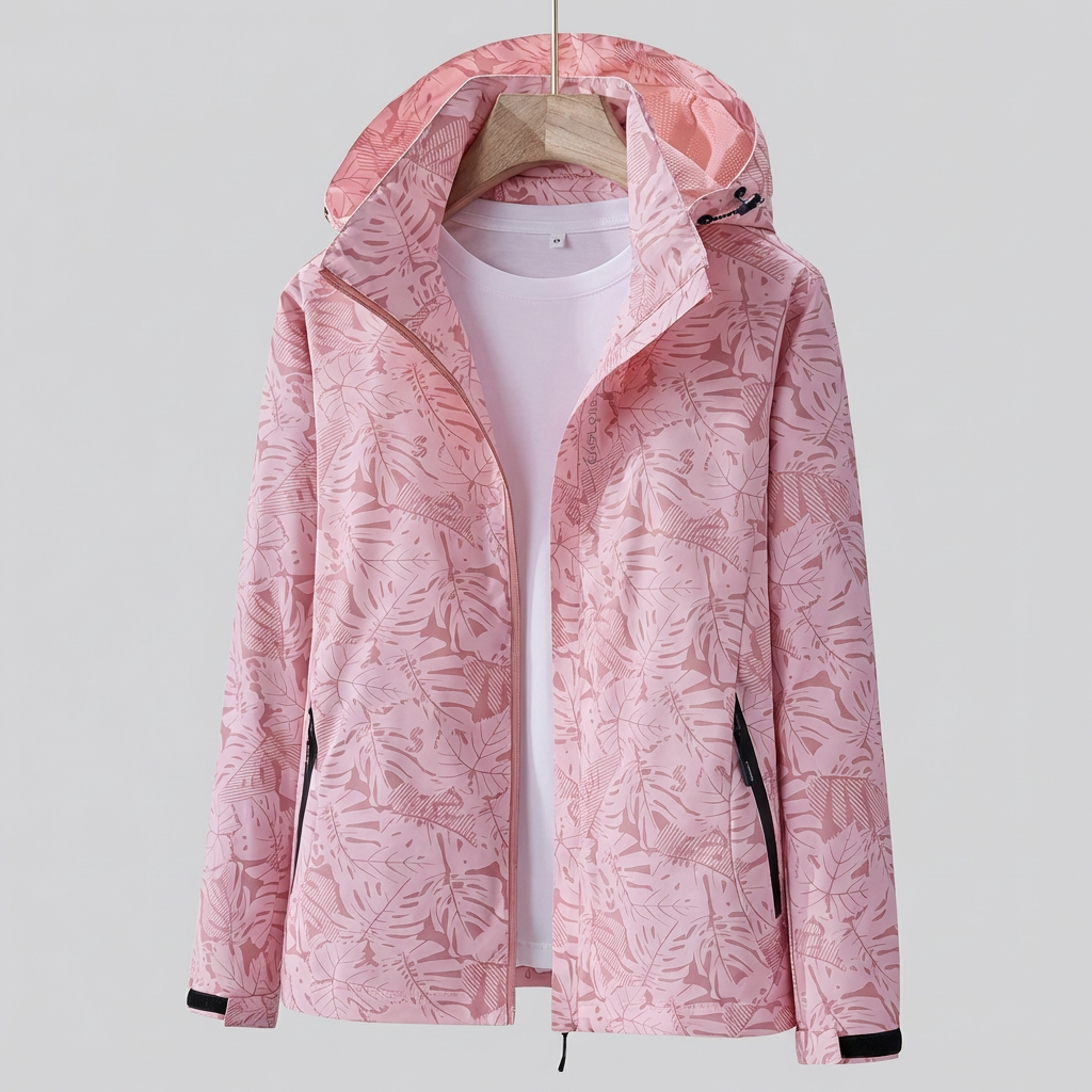 Women's Waterproof Windproof Jacket with Hood – Leaf Print Rain Jacket
