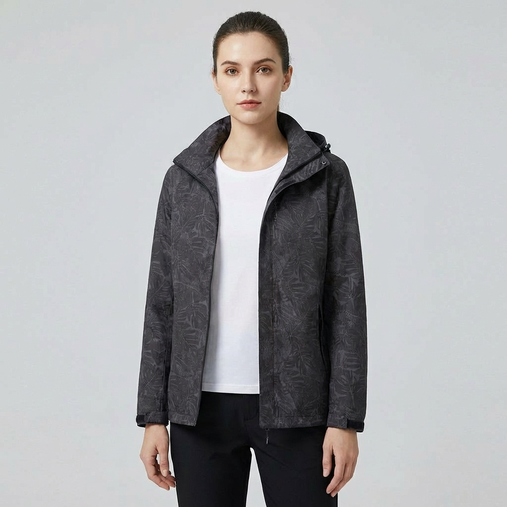 Women's Waterproof Windproof Jacket with Hood – Leaf Print Rain Jacket
