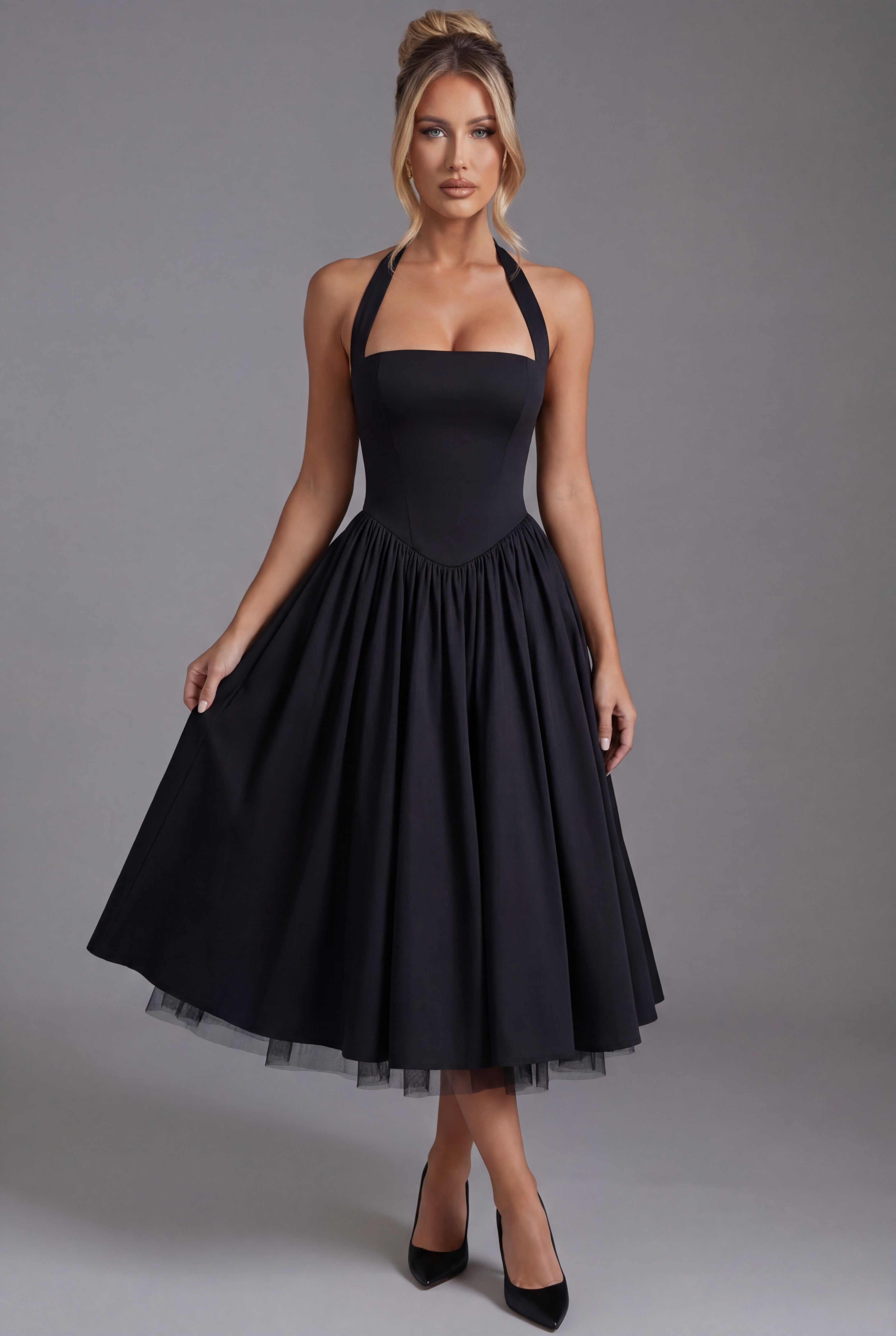 A-Line Halter Midi Dress - Elegant Occasion Wear | Meave & Ivy