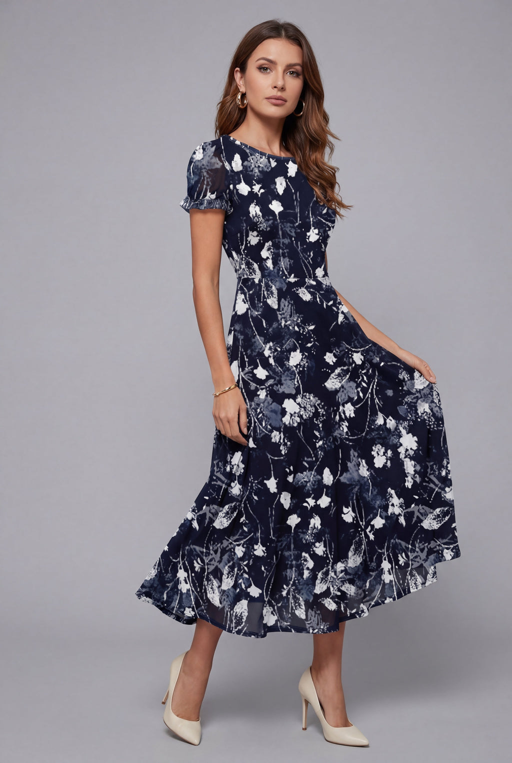 Floral Crew Neck Short Sleeve Midi Dress - Elegant Occasion Wear | Meave & Ivy