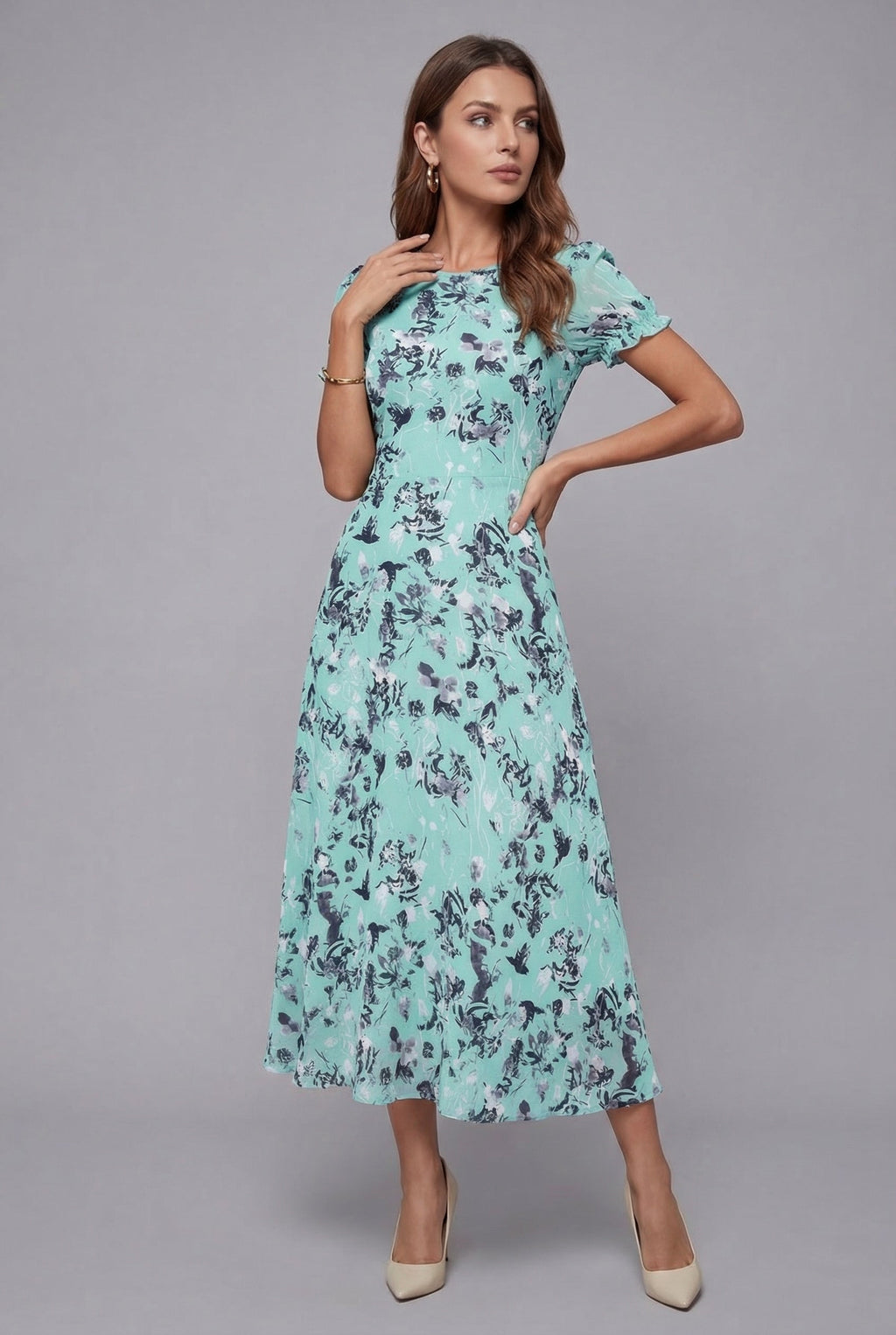 Floral Crew Neck Short Sleeve Midi Dress - Elegant Occasion Wear | Meave & Ivy