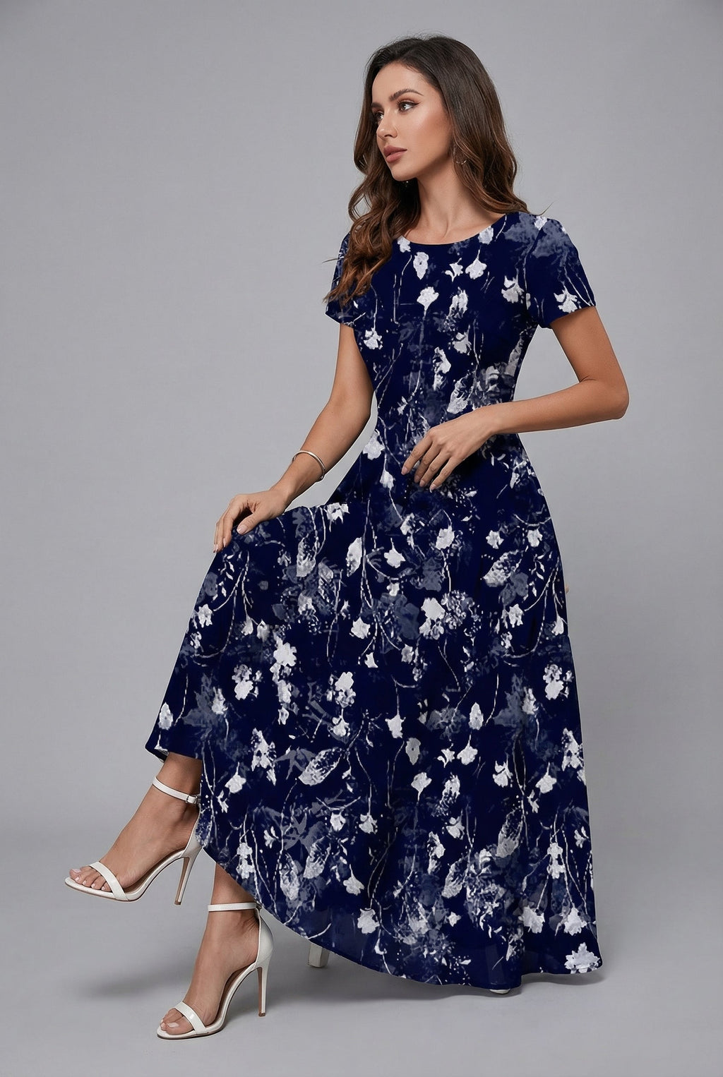 Floral Crew Neck Short Sleeve Midi Dress - Elegant Occasion Wear | Meave & Ivy