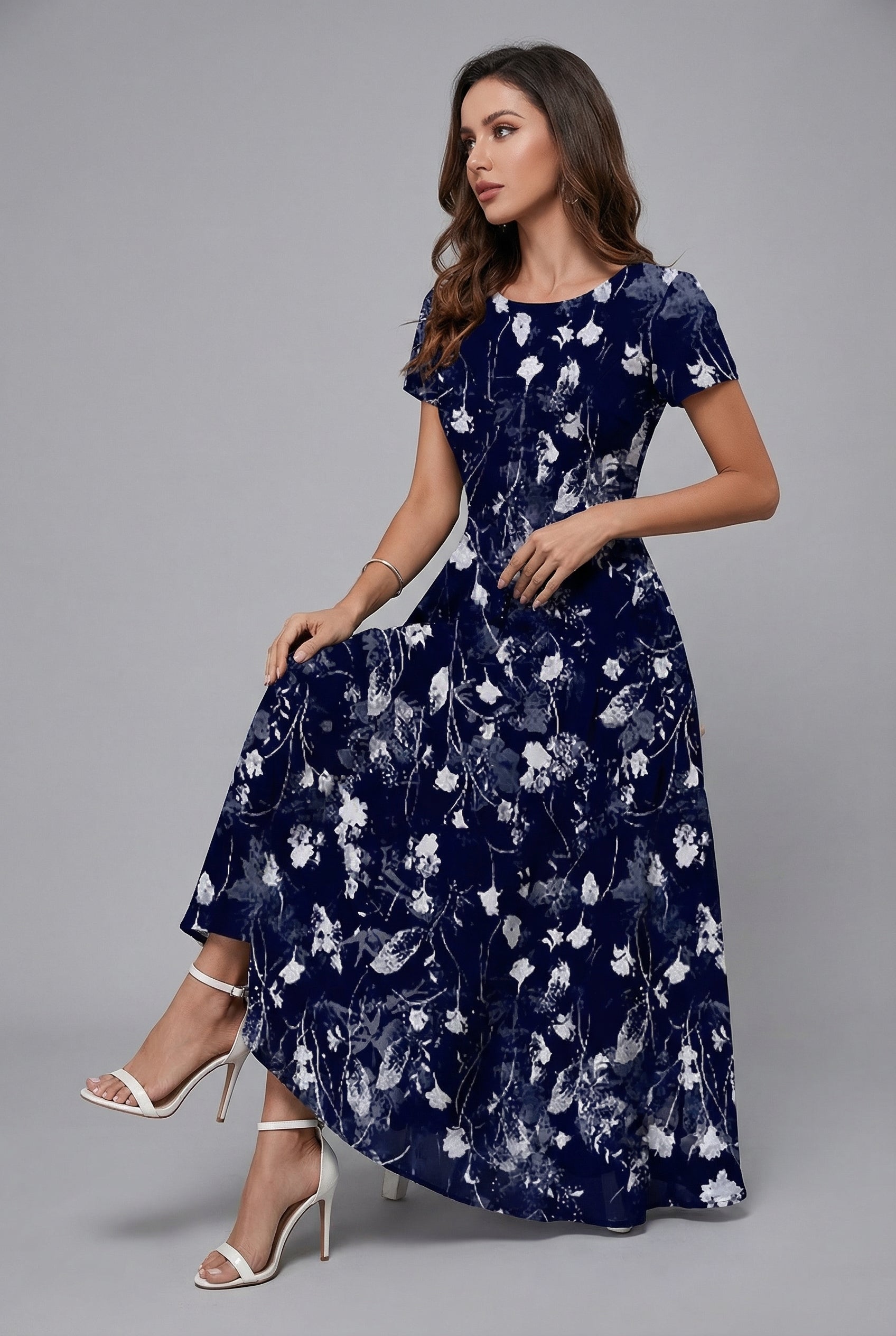 Floral Crew Neck Short Sleeve Midi Dress - Elegant Occasion Wear | Meave & Ivy