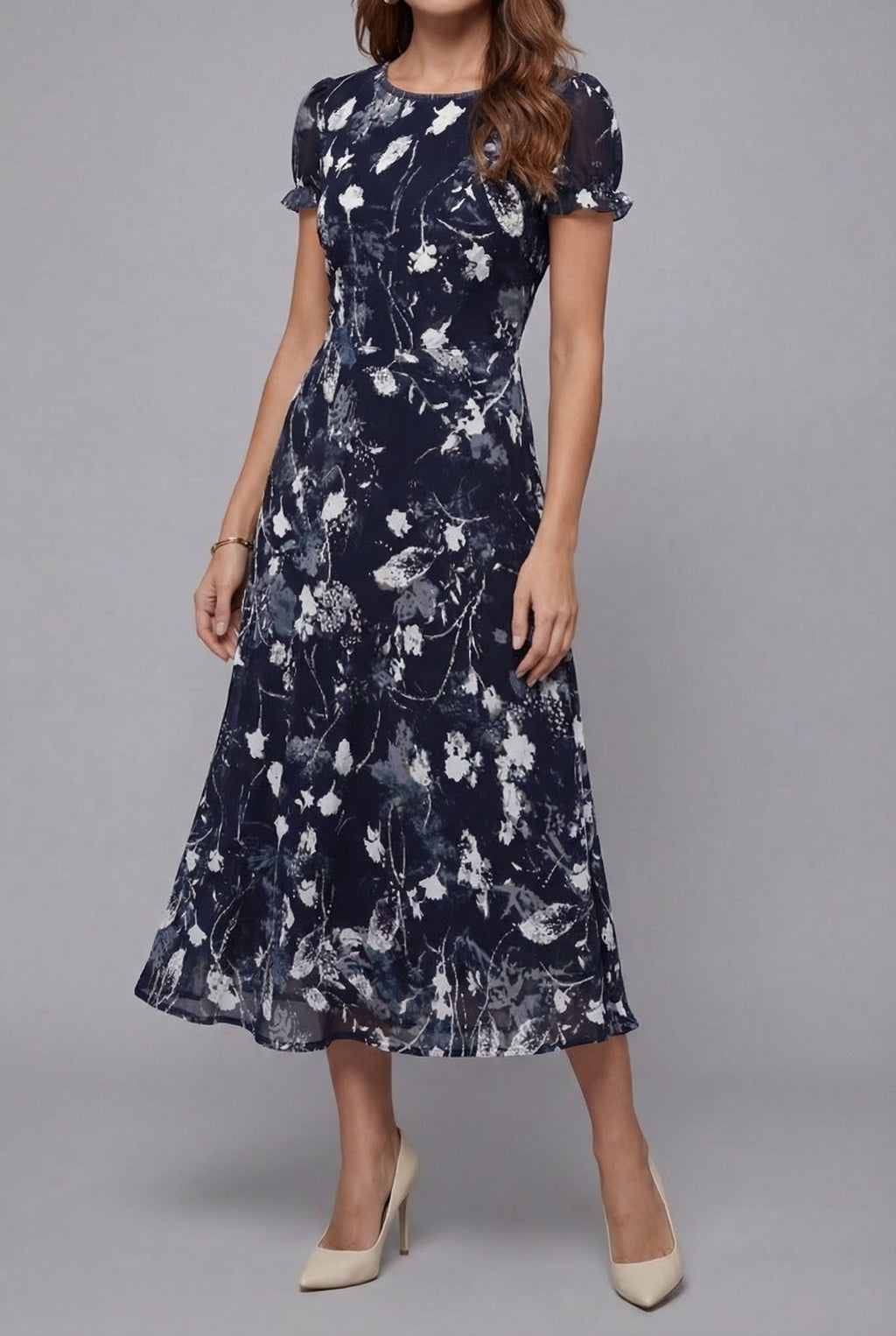 Floral Crew Neck Short Sleeve Midi Dress - Elegant Occasion Wear | Meave & Ivy